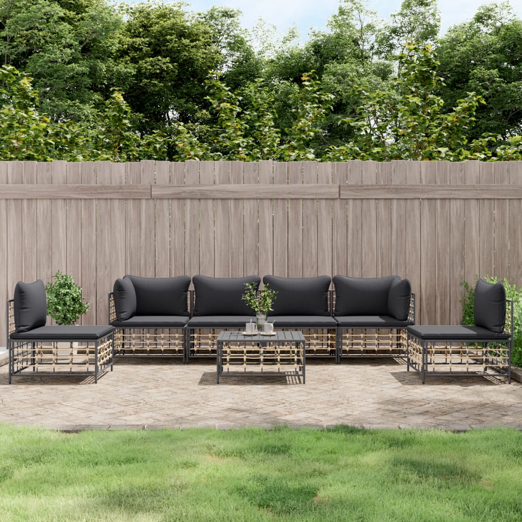 6-tlg. Garten-Lounge-Set mit Kissen Anthrazit Poly Rattan