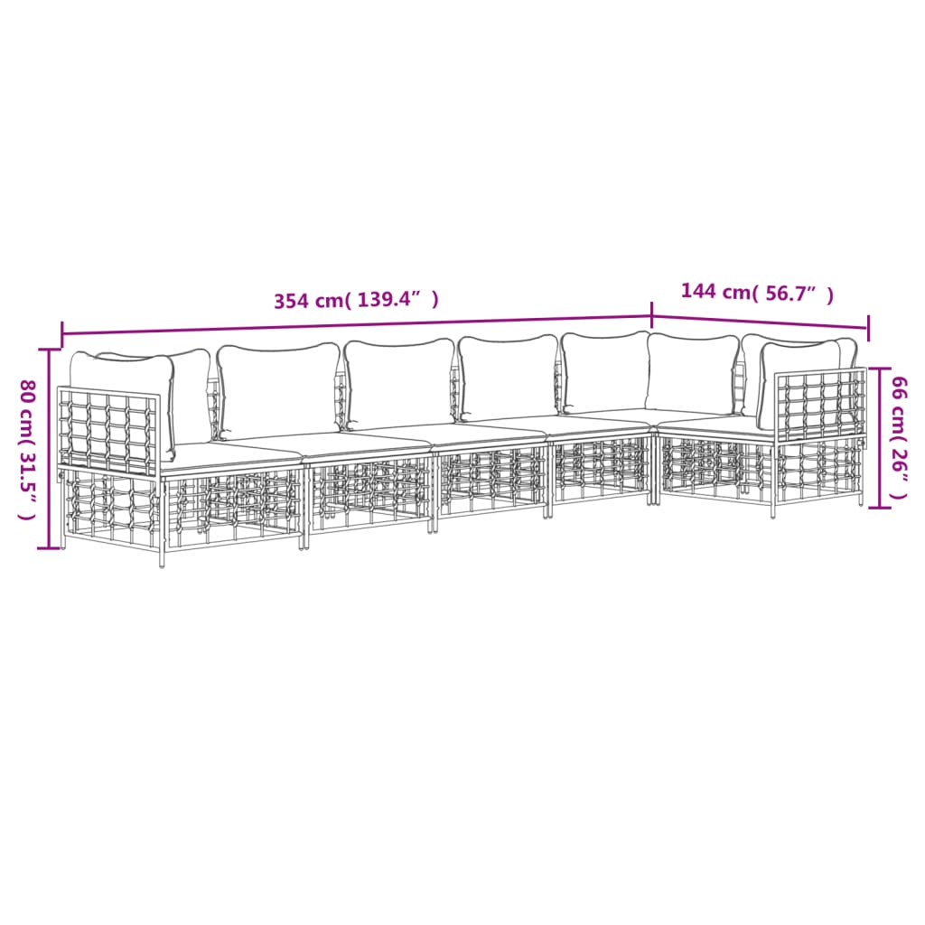 5-tlg. Garten-Lounge-Set mit Kissen Anthrazit Poly Rattan