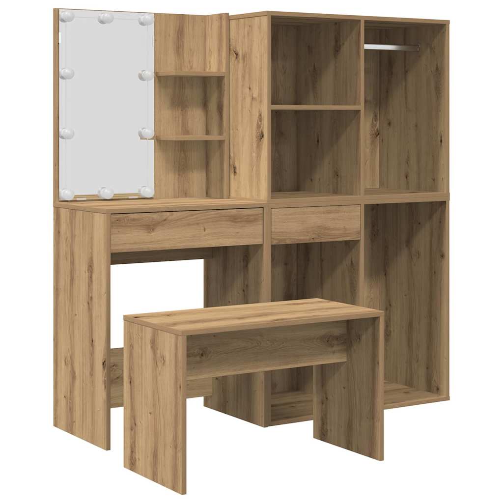 Schminktisch-Set mit LED Weiß Holzwerkstoff