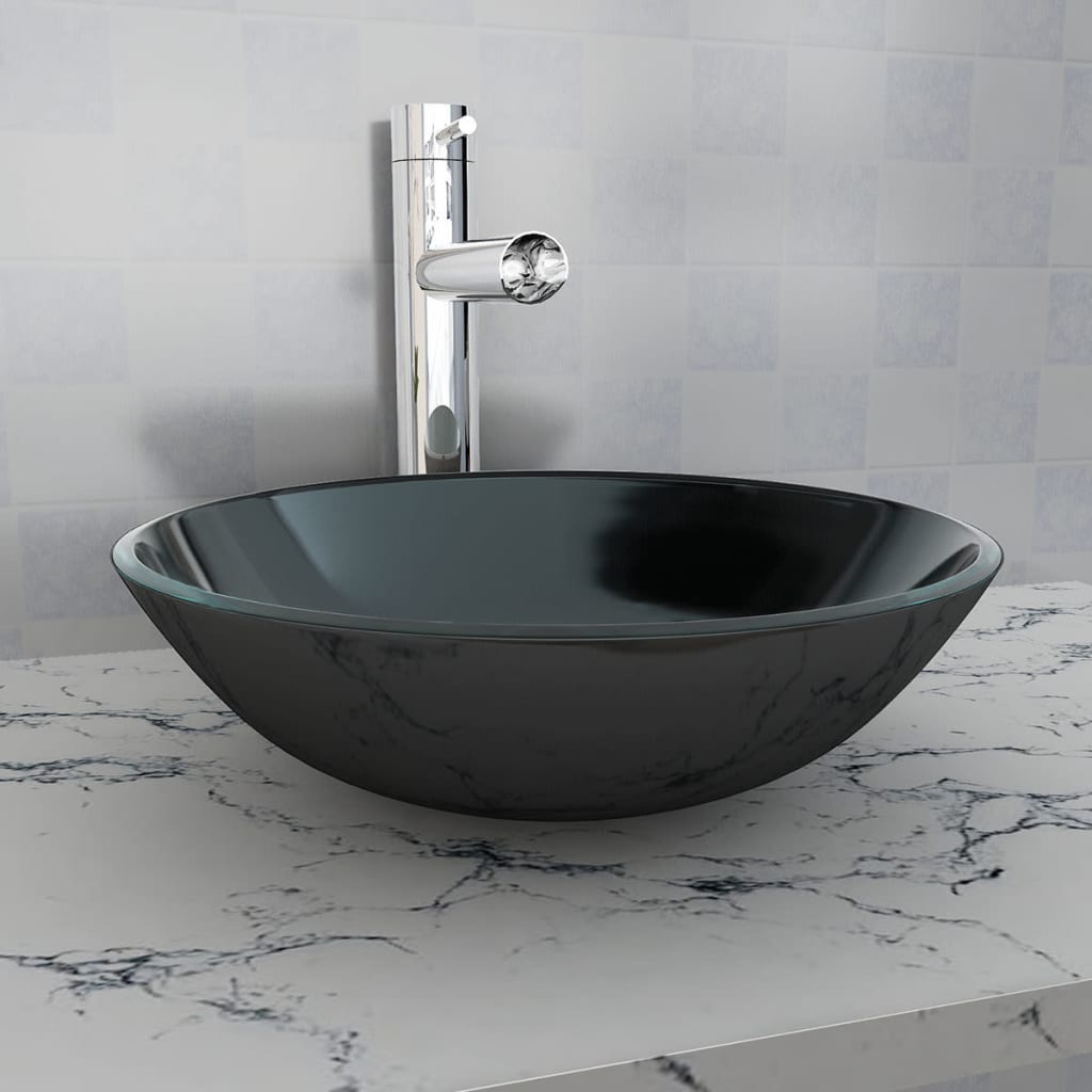 Waschbecken mit Armatur und Ablaufgarnitur Hartglas