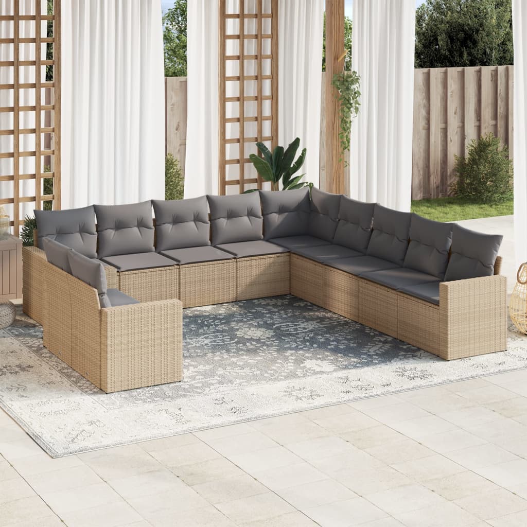 11-tlg. Garten-Sofagarnitur mit Kissen Schwarz Poly Rattan