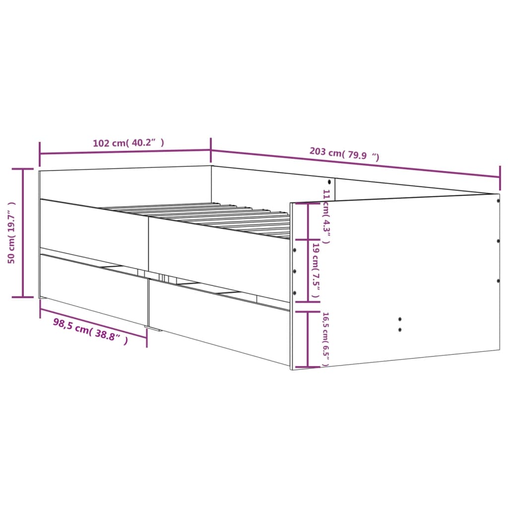 Bett mit Schubladen Braun Eiche-Optik 75x190 cm