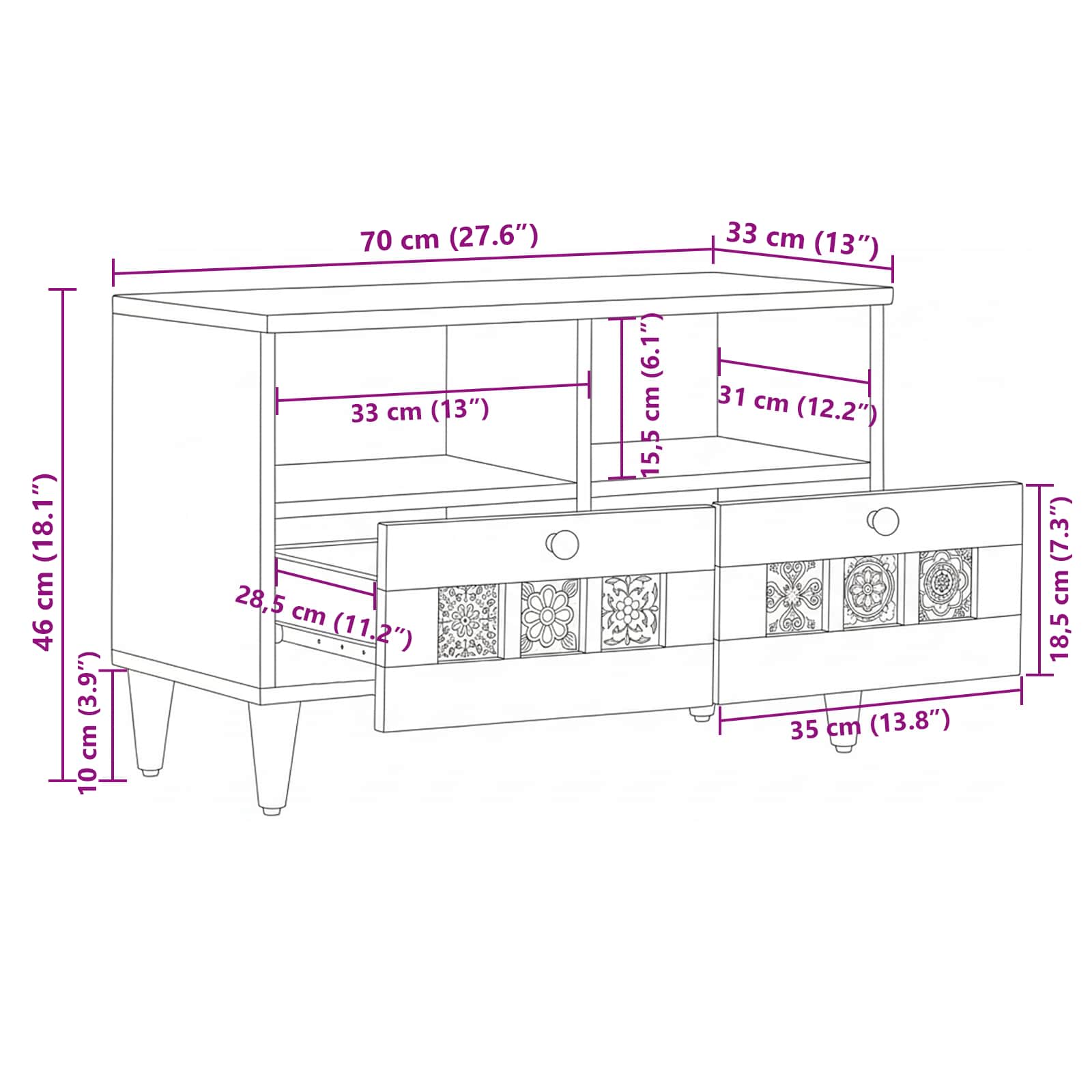 TV-Schränk mit Regal Walnuss 70 x 33 x 46 cm Massivholz Mango