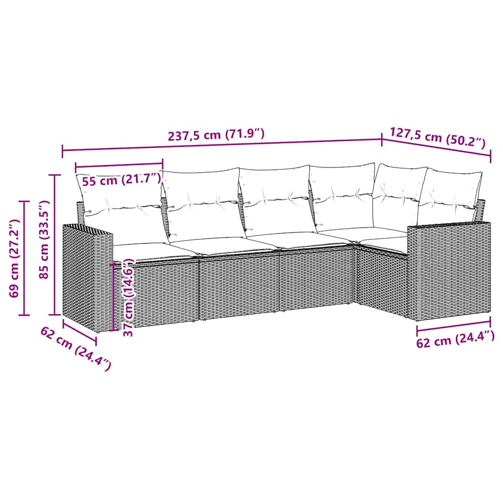 5-tlg. Garten-Sofagarnitur mit Kissen Schwarz Poly Rattan
