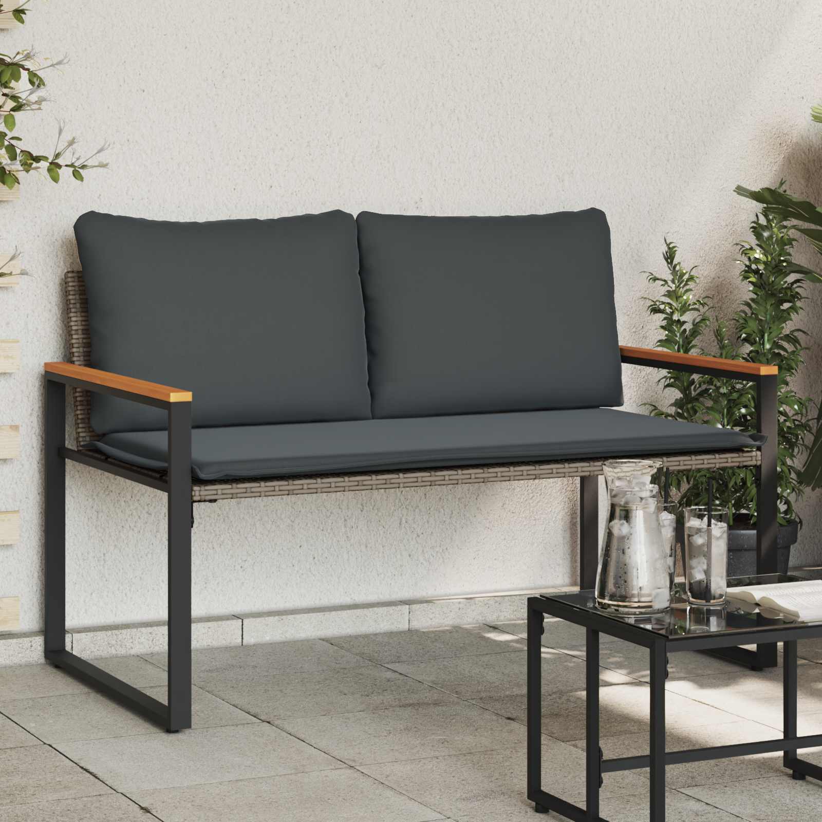 Bank mit Kissen Schwarz und Cremeweiß 115 x 65 x 72 cm Rattan