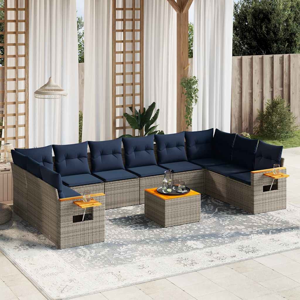 10-tlg. Garten-Sofagarnitur mit Kissen Schwarz Poly Rattan