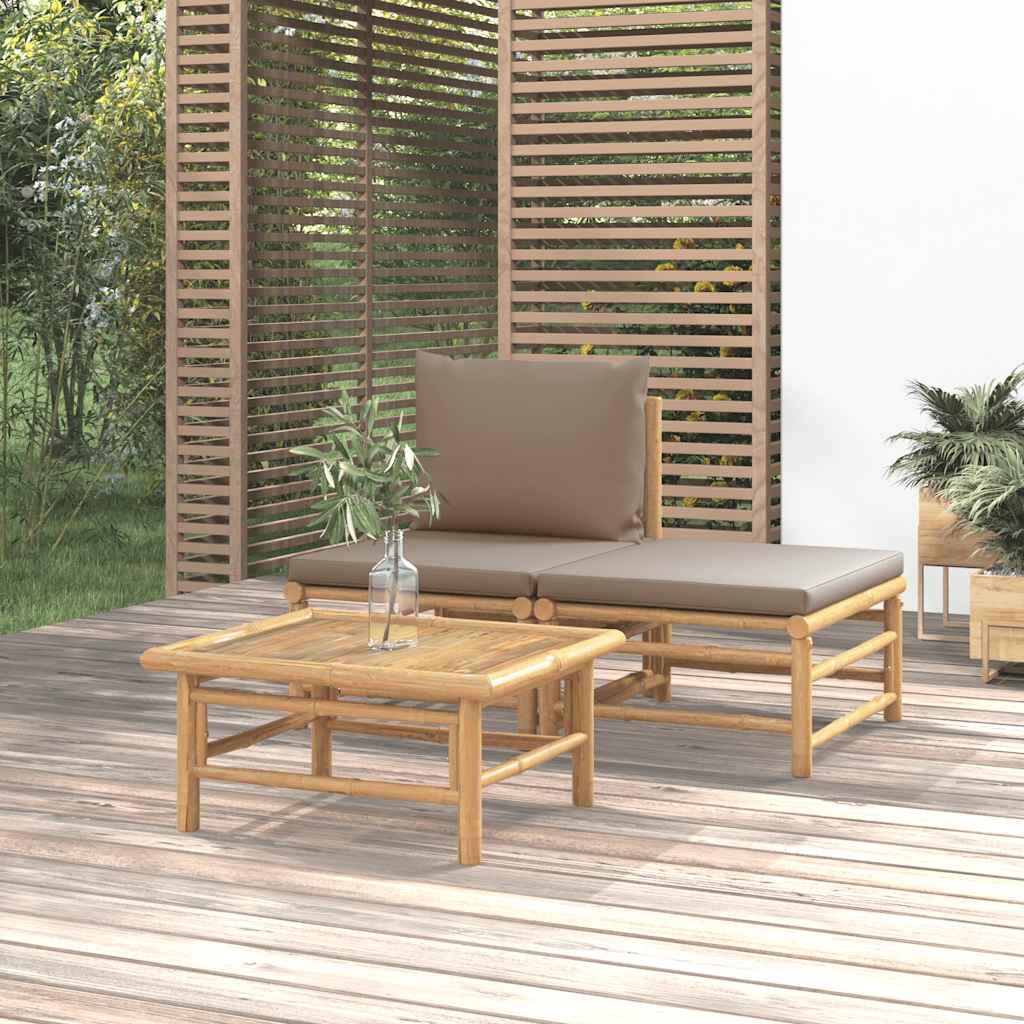 3-tlg. Garten-Lounge-Set mit Hellgrauen Kissen Bambus