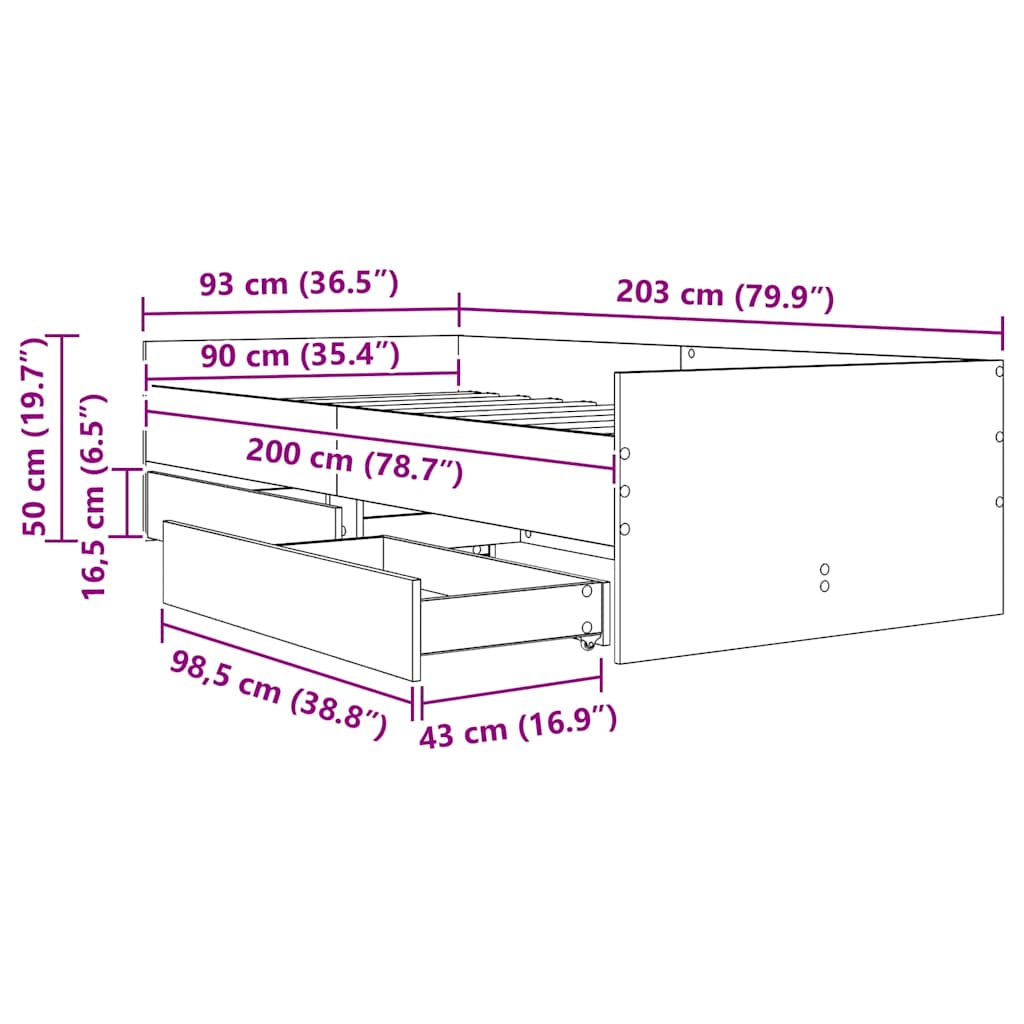 Bett mit Schubladen Braun Eiche-Optik 75x190 cm
