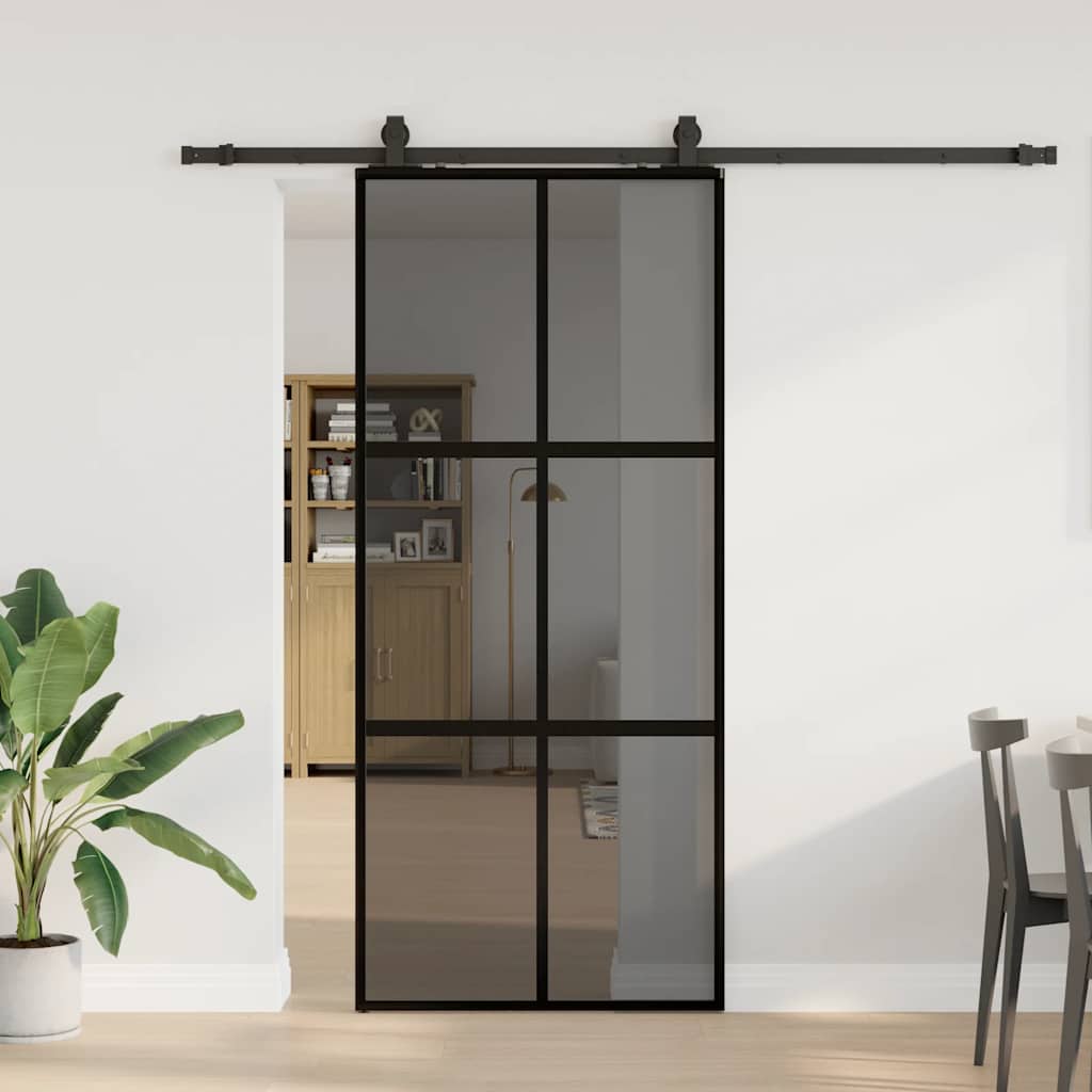 Schiebetür mit Beschlag Schwarz 76x205 cm Hartglas