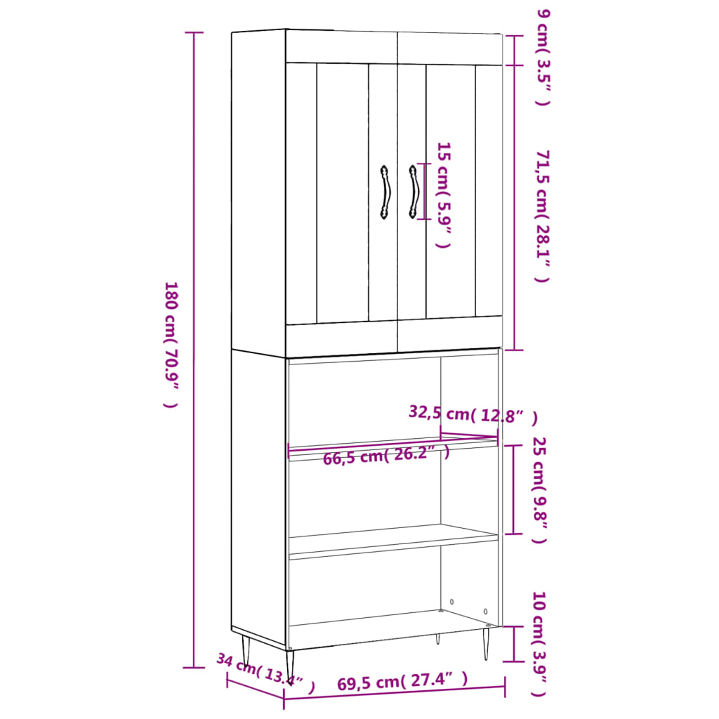 Highboard Betongrau 69,5x34x180 cm Holzwerkstoff