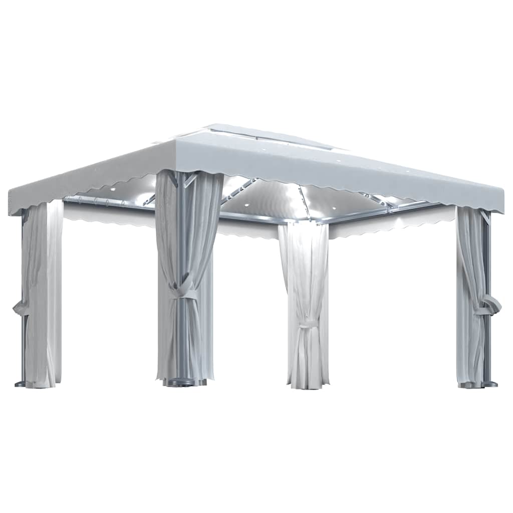 Pavillon mit Vorhängen & LED-Lichterkette 3x3 m Cremeweiß