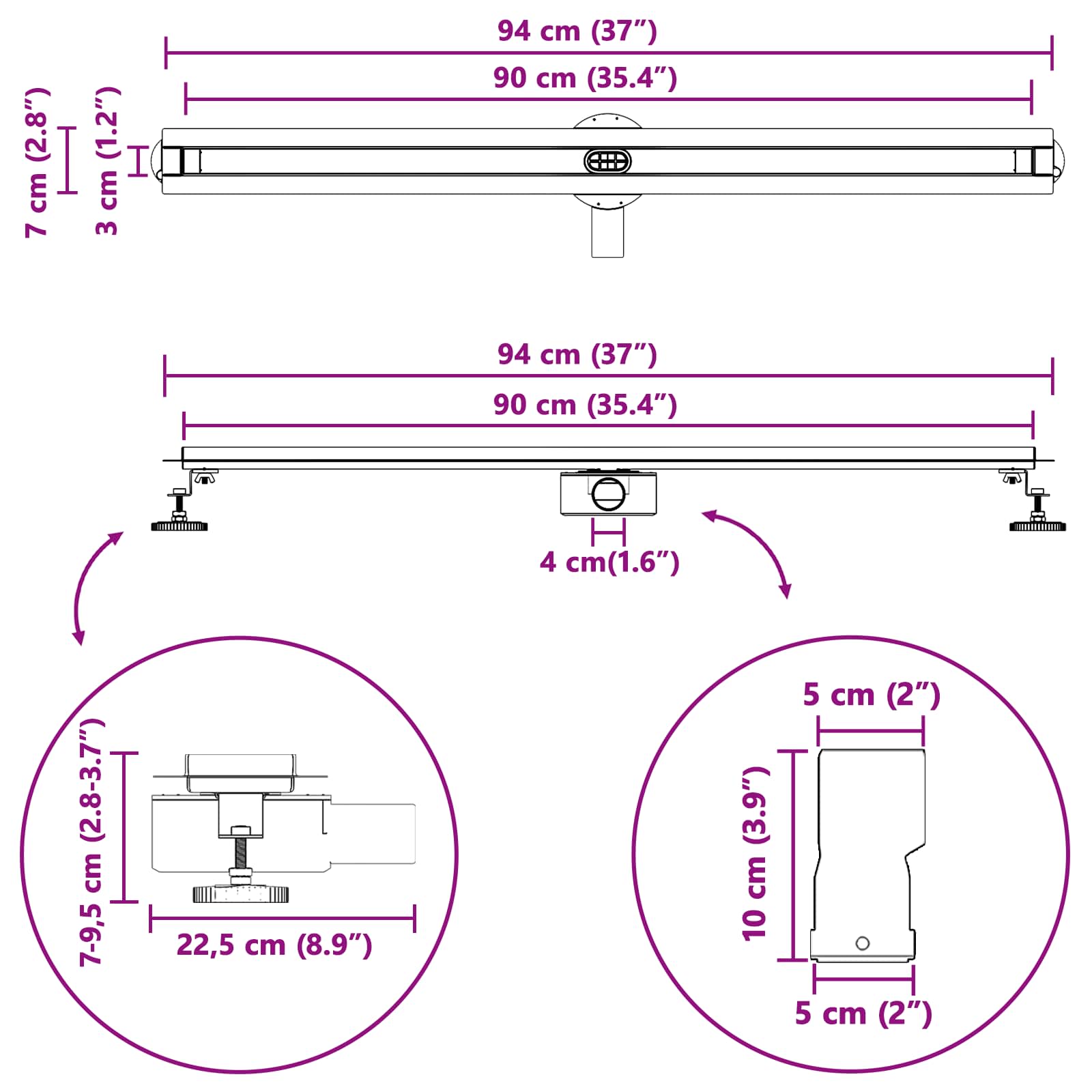 360° Duschablauf mit slim Modell Silber 50 cm Edelstahl 304
