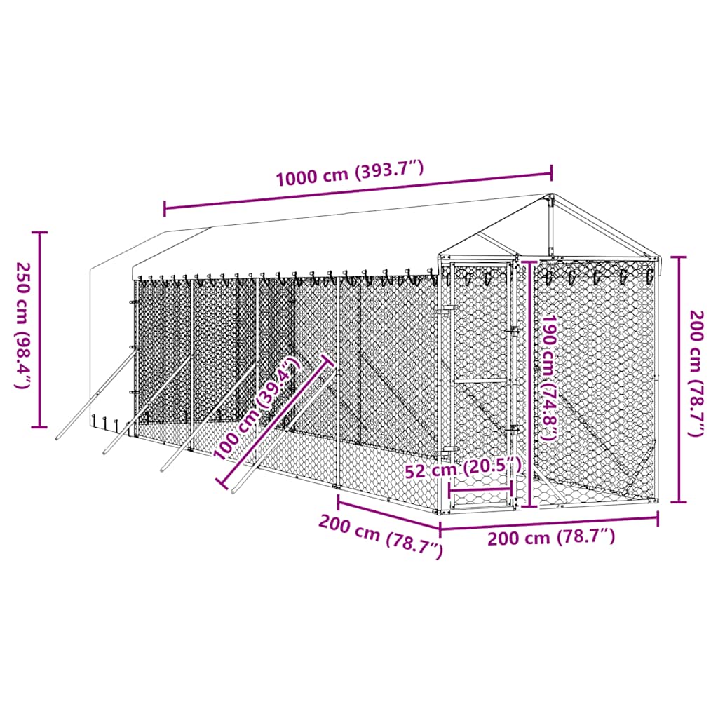 Outdoor-Hundezwinger mit Dach Silbern 2x6x2,5m Verzinkter Stahl