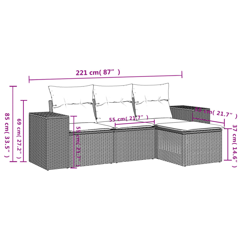 4-teiliges Gartensofa-Set mit Kissen, schwarzes Polyrattan