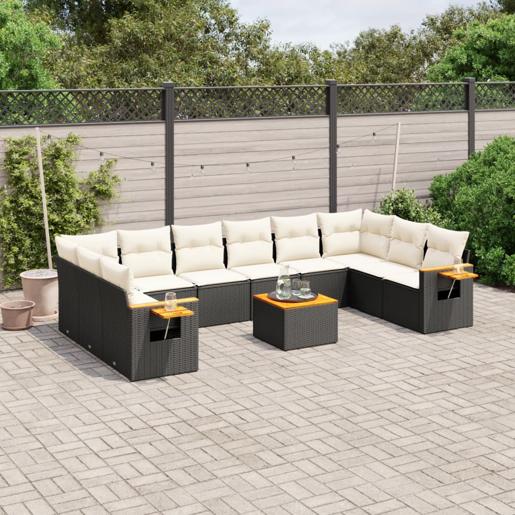 10-tlg. Garten-Sofagarnitur mit Kissen Schwarz Poly Rattan