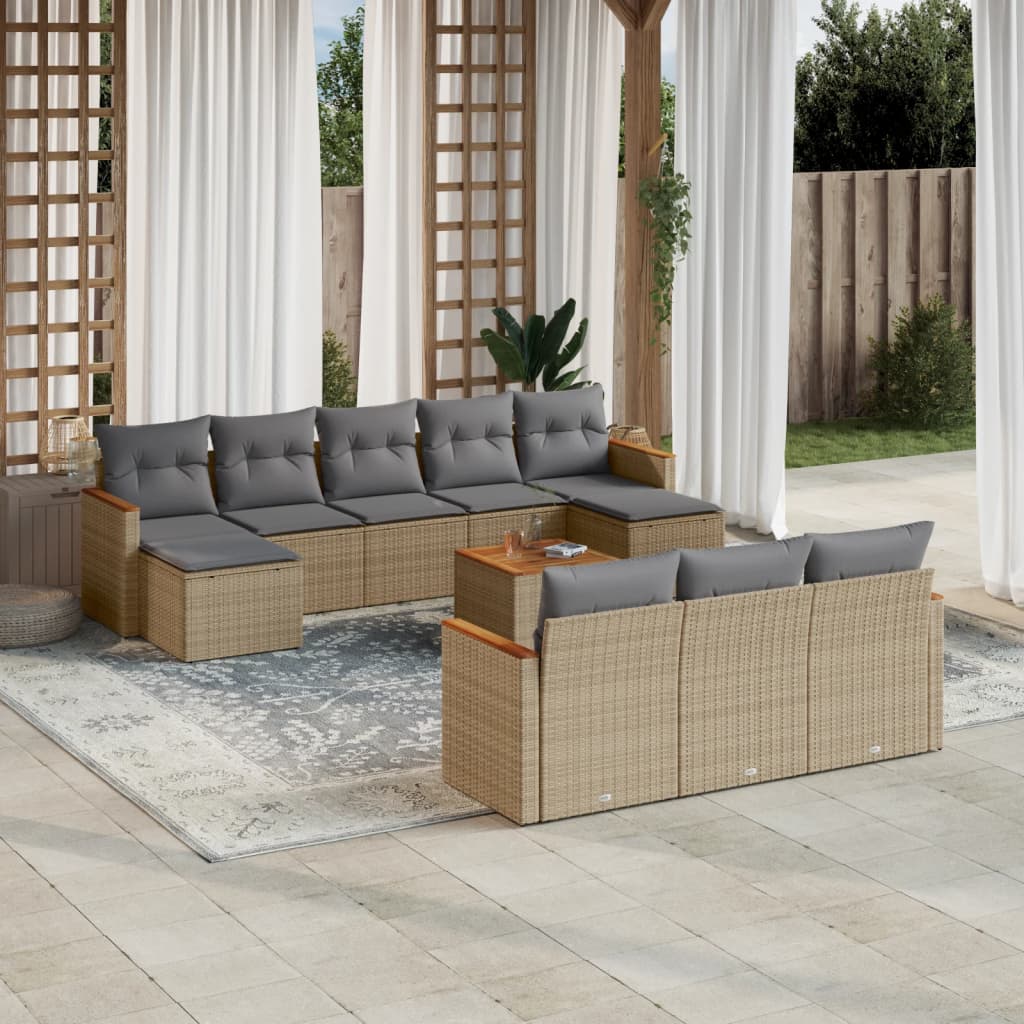 10-tlg. Garten-Sofagarnitur mit Kissen Schwarz Poly Rattan