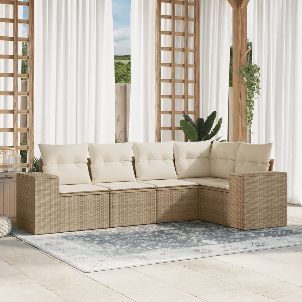 5-tlg. Garten-Sofagarnitur mit Kissen Schwarz Poly Rattan