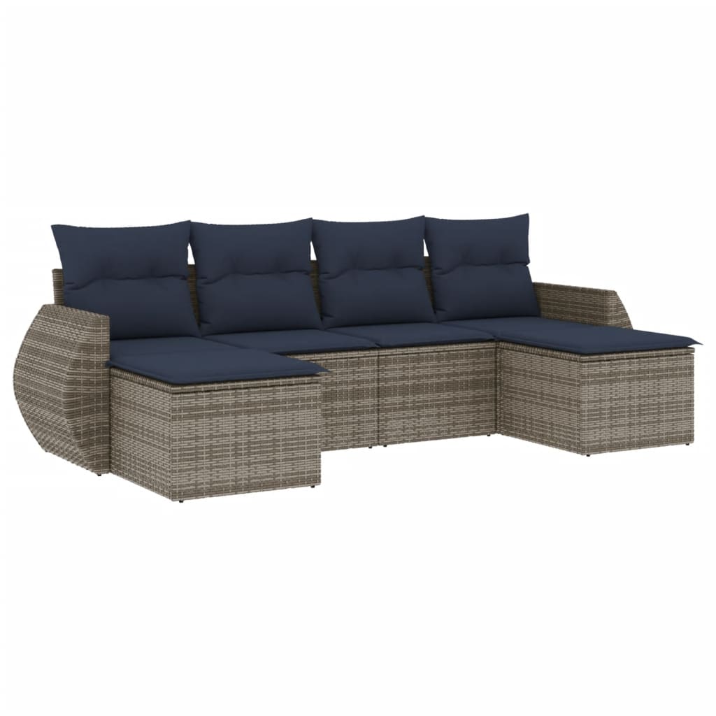 6-teiliges Gartensofa-Set mit Kissen, schwarzes Polyrattan