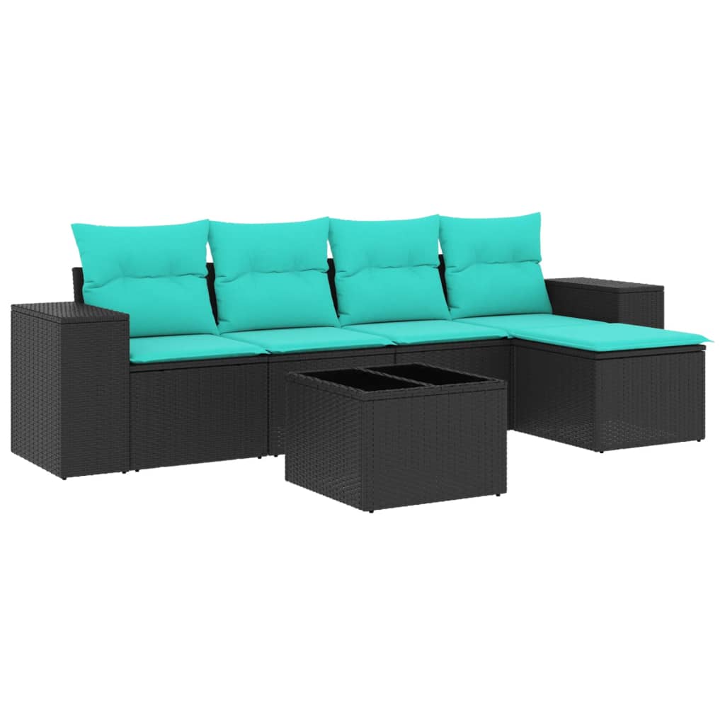 5-teiliges Gartensofa-Set mit Kissen, schwarzes Polyrattan