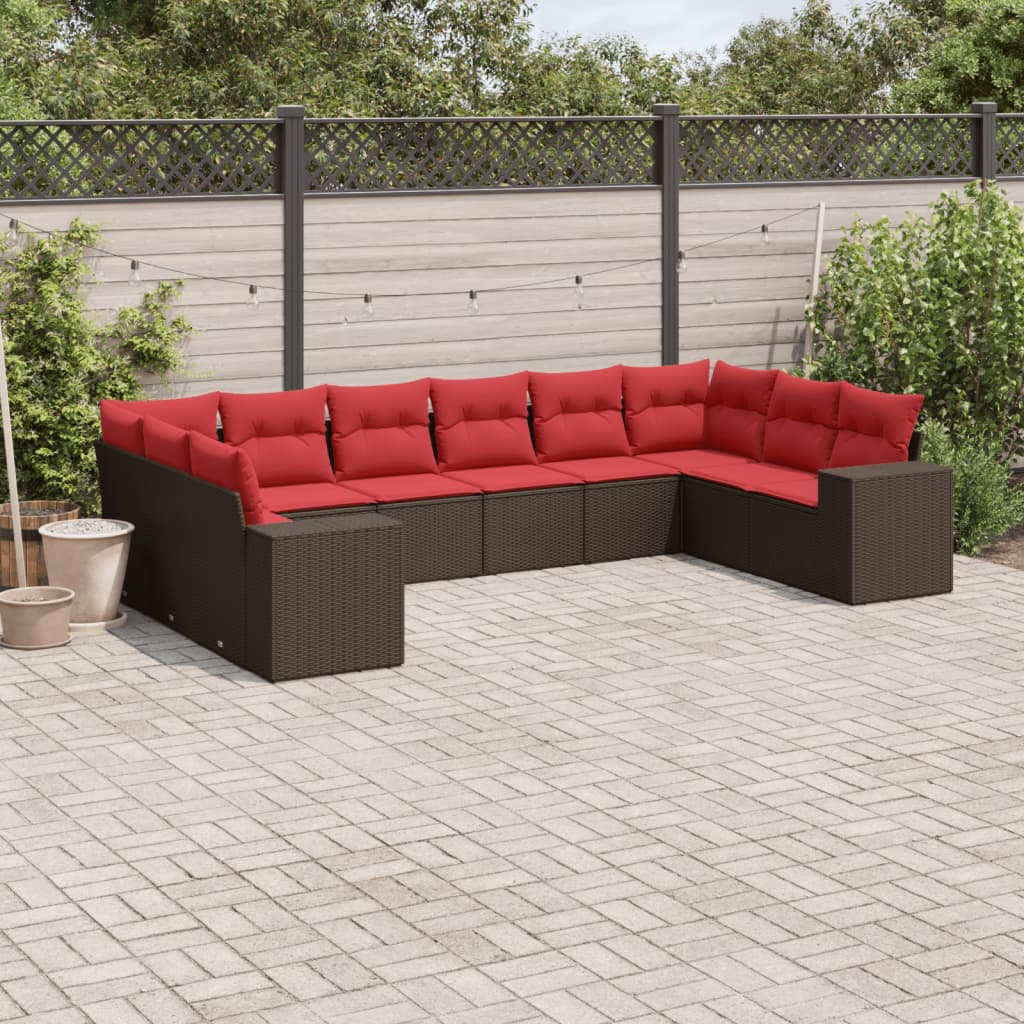 10-teiliges Gartensofa-Set mit Kissen, schwarzes Polyrattan