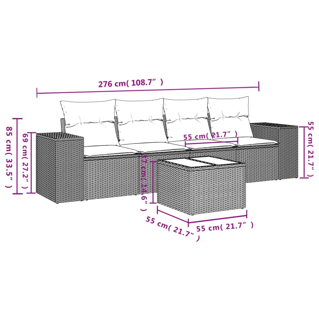 4-teiliges Gartensofa-Set mit Kissen, schwarzes Polyrattan