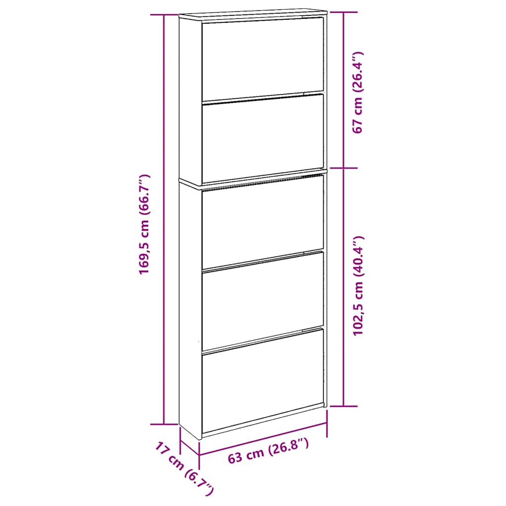 Schuhschrank mit 5 Fächern Spiegel Eiche 63x17x169,5 cm