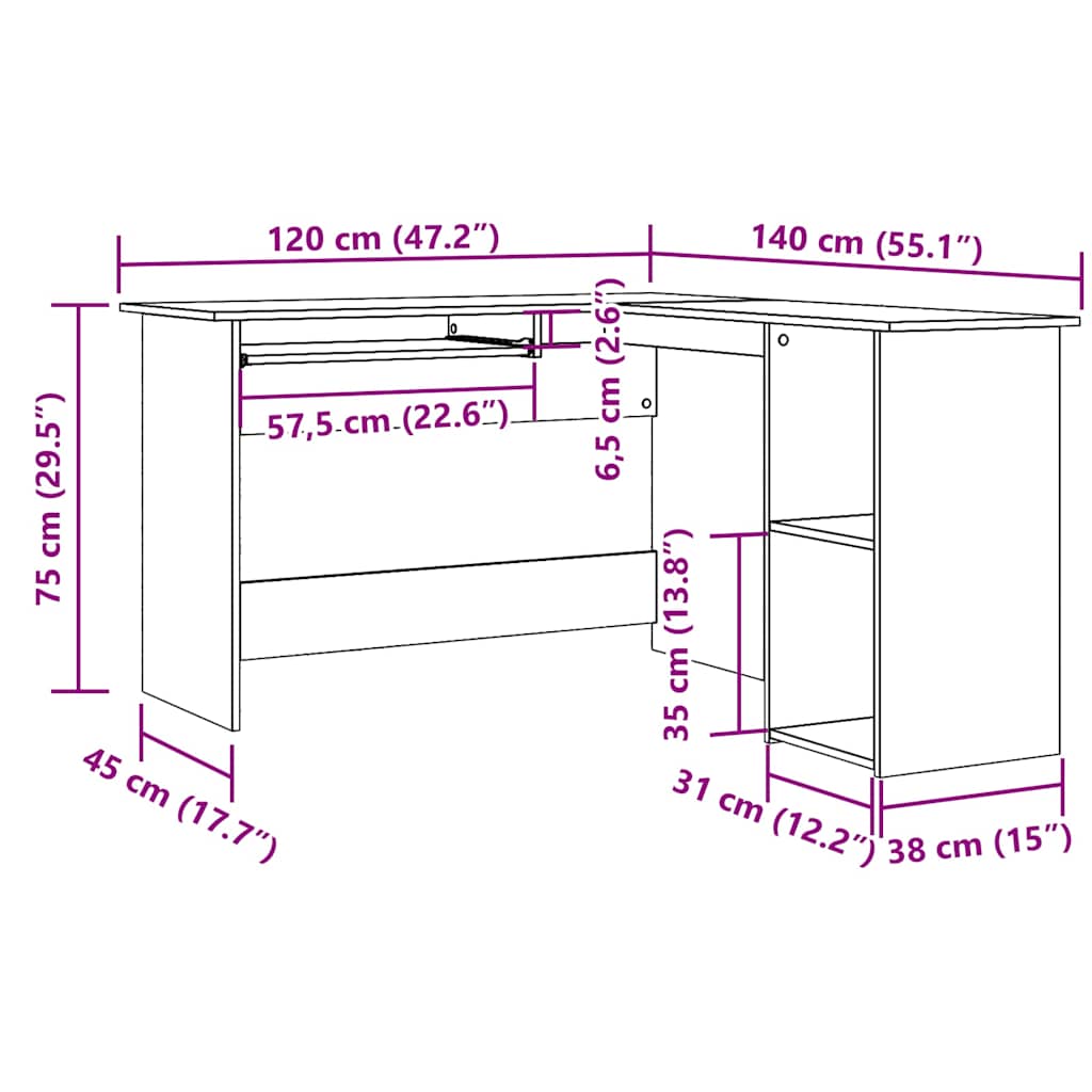 Eckschreibtisch in L-Form Weiß 120x140x75 cm Holzwerkstoff