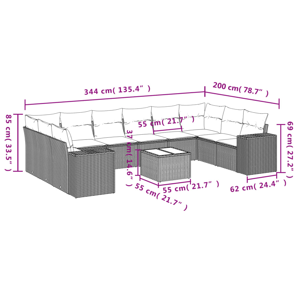 10-tlg. Garten-Sofagarnitur mit Kissen Schwarz Poly Rattan