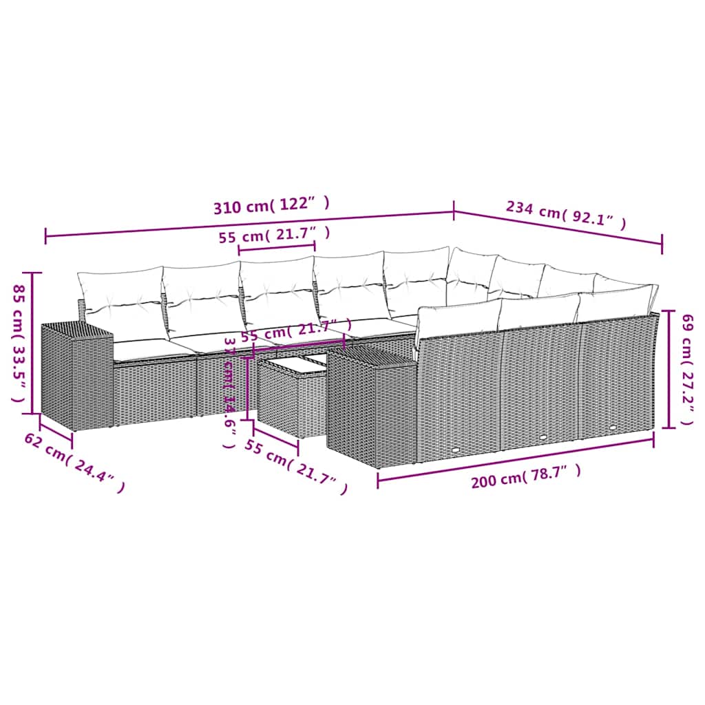 10-tlg. Garten-Sofagarnitur mit Kissen Schwarz Poly Rattan