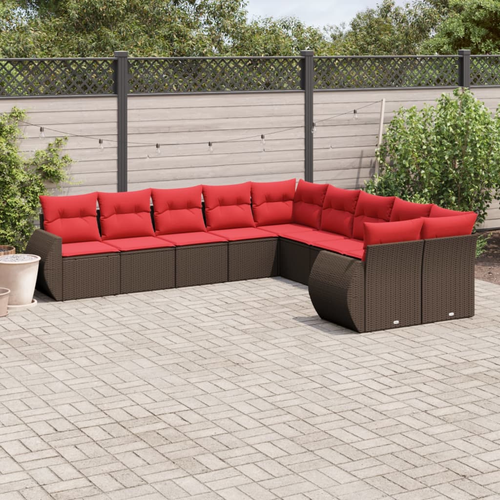 10-teiliges Gartensofa-Set mit Kissen, schwarzes Polyrattan