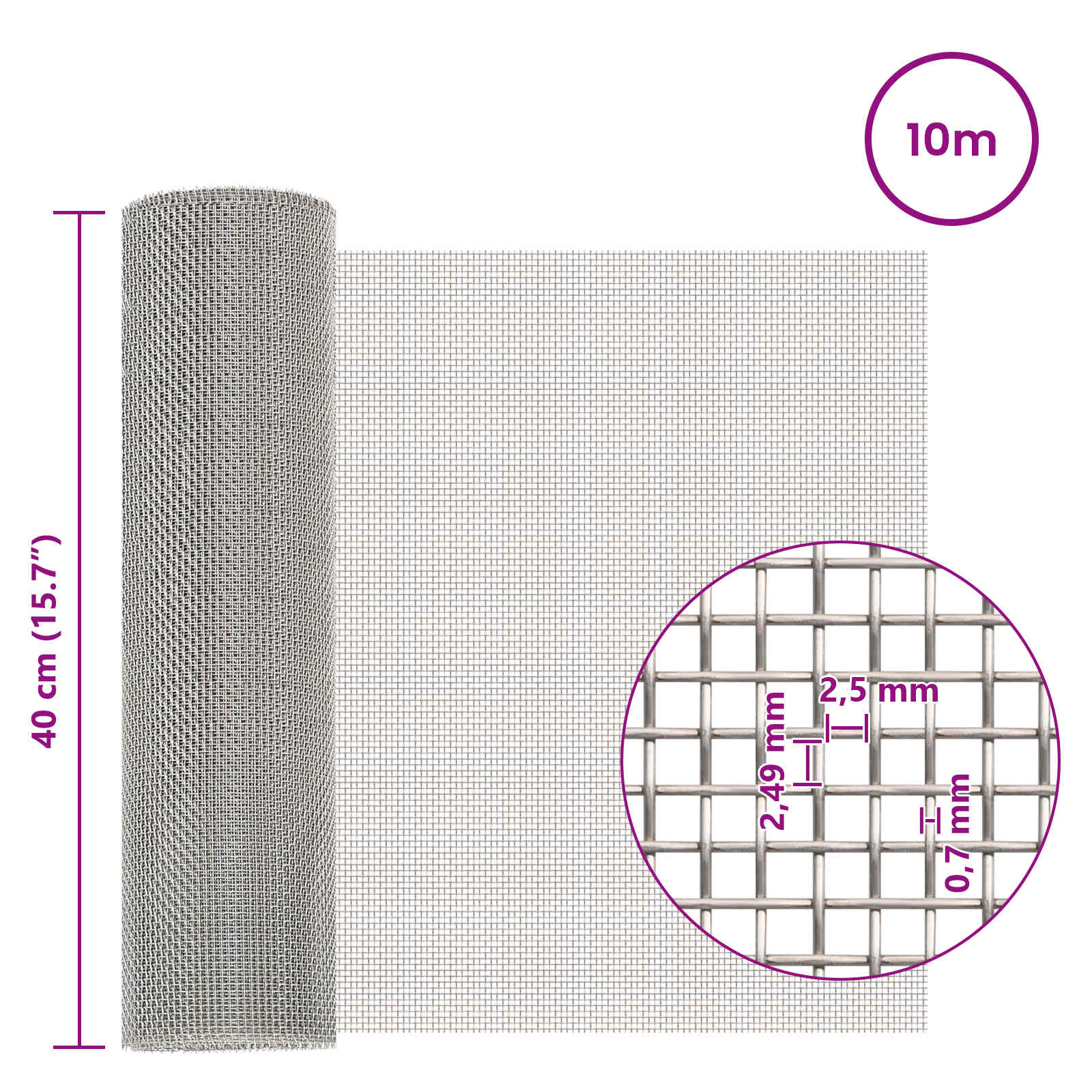Mesh Bildschirm 20 x 500 cm 20 Mesh Edelstahl 201 Silber