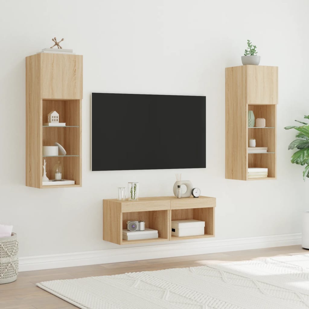 4-tlg. TV-Wohnwand mit LED-Leuchten Weiß