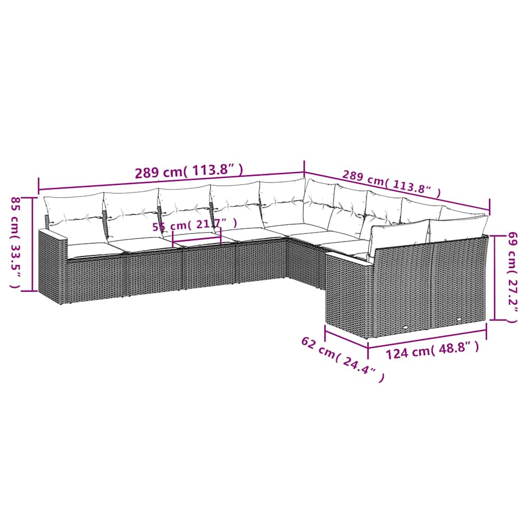 10-teiliges Gartensofa-Set mit Kissen, schwarzes Polyrattan