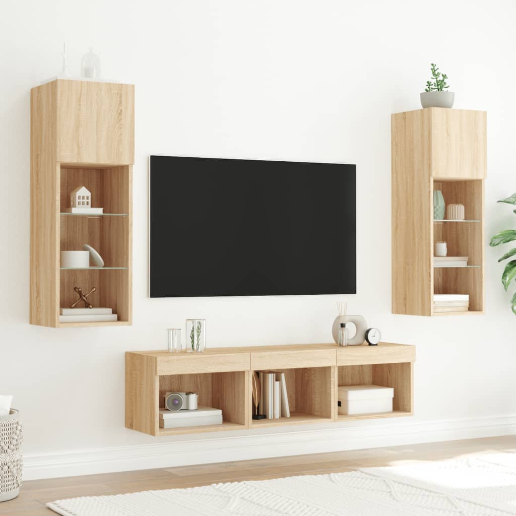 5-tlg. Wohnwand mit LED-Beleuchtung Weiß Holzwerkstoff
