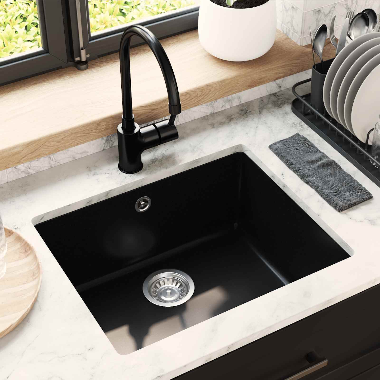 Waschbecken Schwarz 370 x 460 mm 80% Quarz und 20% Harz