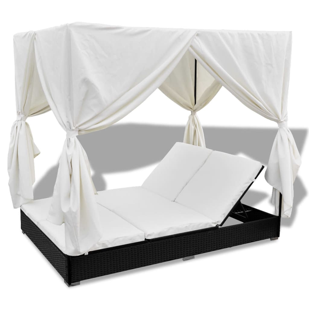 Outdoor-Loungebett mit Vorhang Poly Rattan Braun
