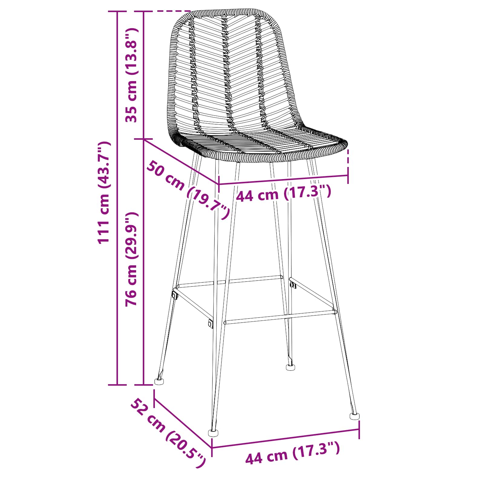 Barstuhl 2 pcs 44,5 x 54,5 x 97,5 cm Rattan und Eisen