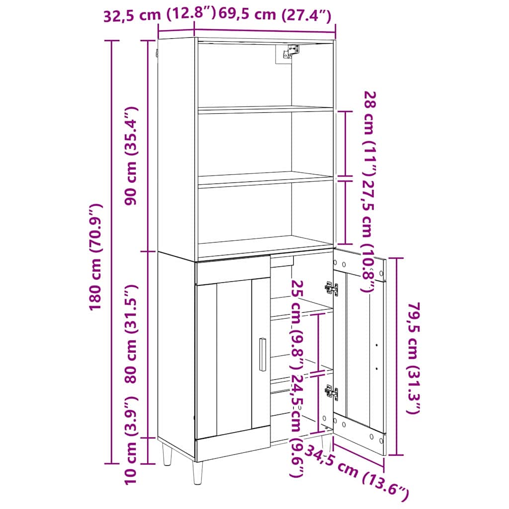 Highboard Altholz 69,5 x 32,5 x 180 cm Holzwerkstoff