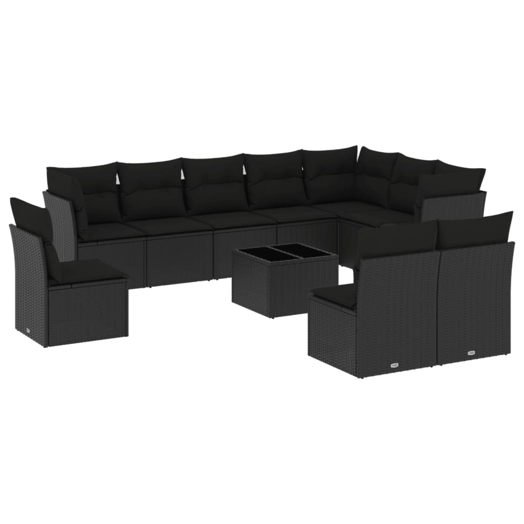 10-tlg. Garten-Sofagarnitur mit Kissen Schwarz Poly Rattan