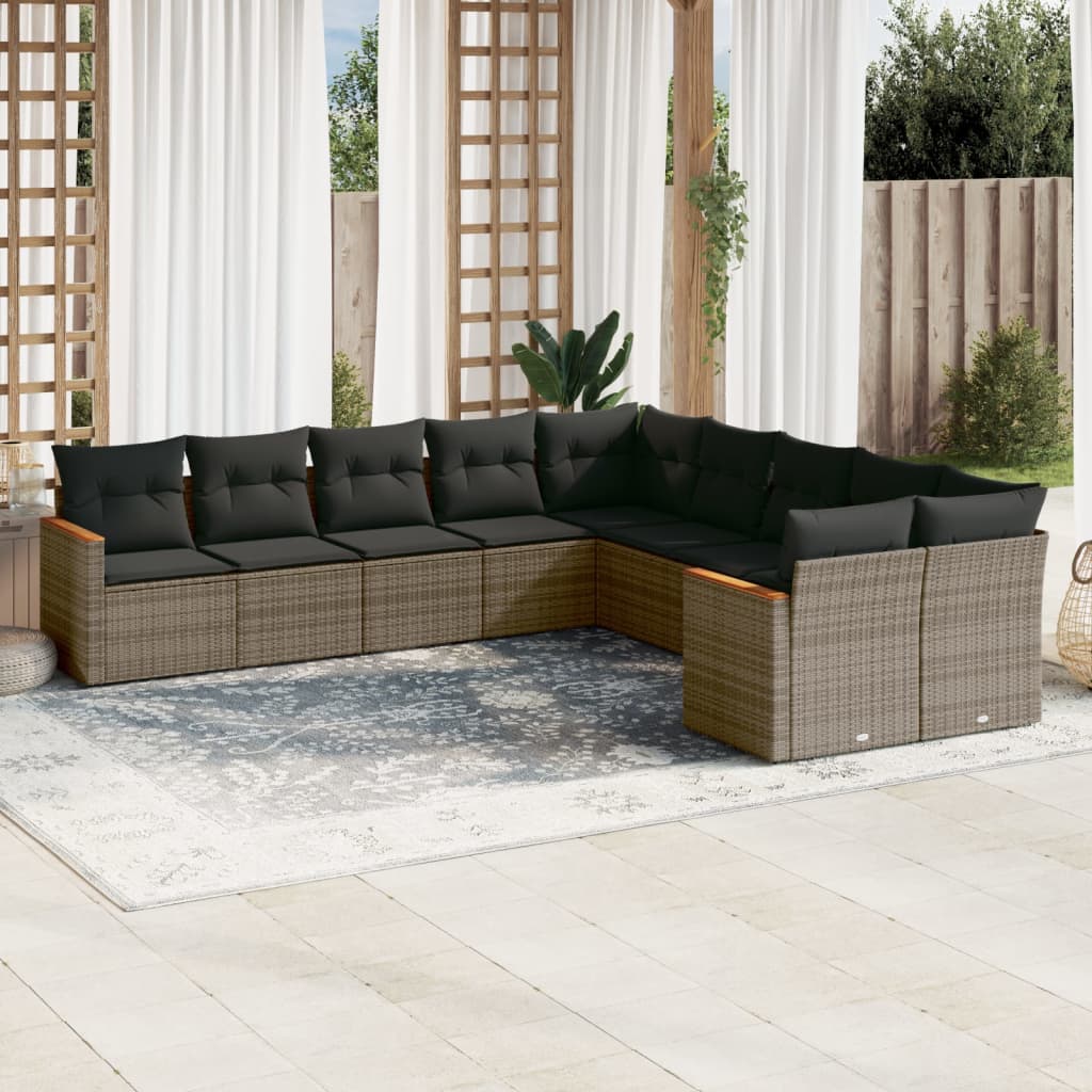 10-tlg. Garten-Sofagarnitur mit Kissen Schwarz Poly Rattan