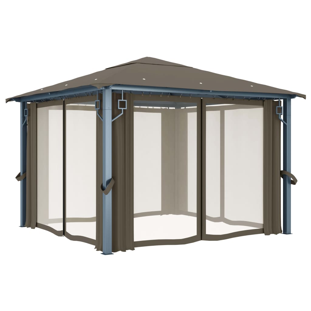 Pavillon mit Vorhängen & LED-Lichterkette 300x300 cm Creme Alu