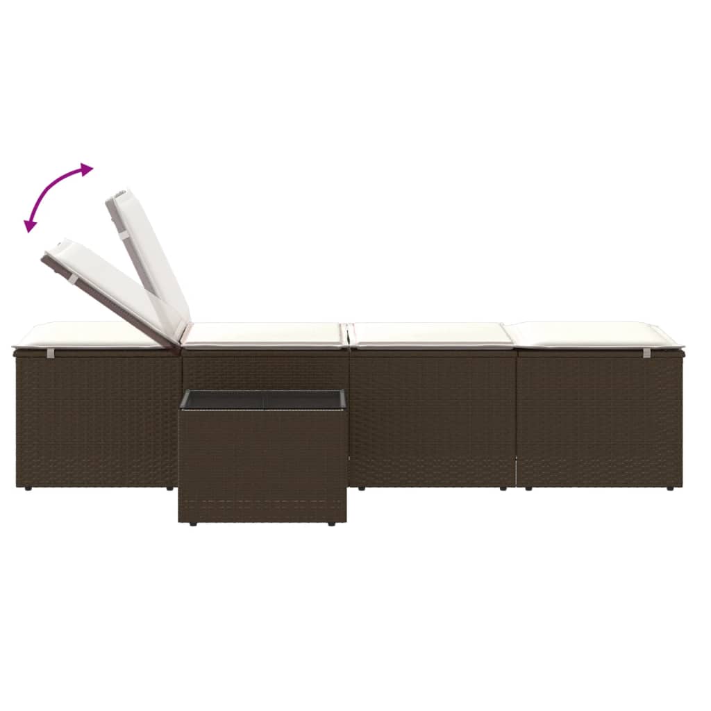 Modulare Sonnenliegen 2 Stk. mit Tisch Schwarz Poly Rattan