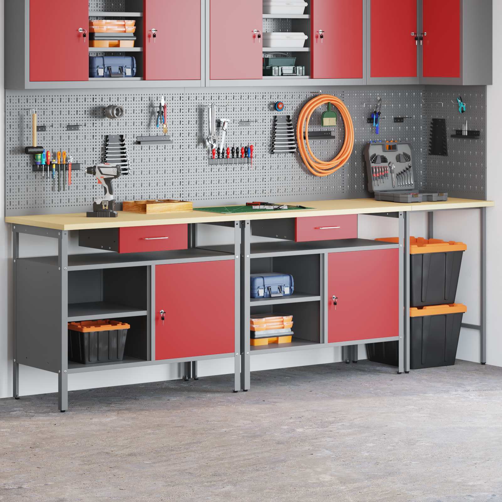 Werkbank-Set mit Schubladen 2 pcs Rot und Grau 200 x 55 x 85 cm
