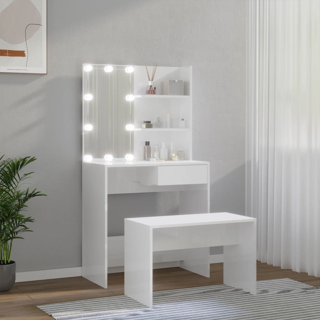 Schminktisch-Set mit LED Weiß Holzwerkstoff