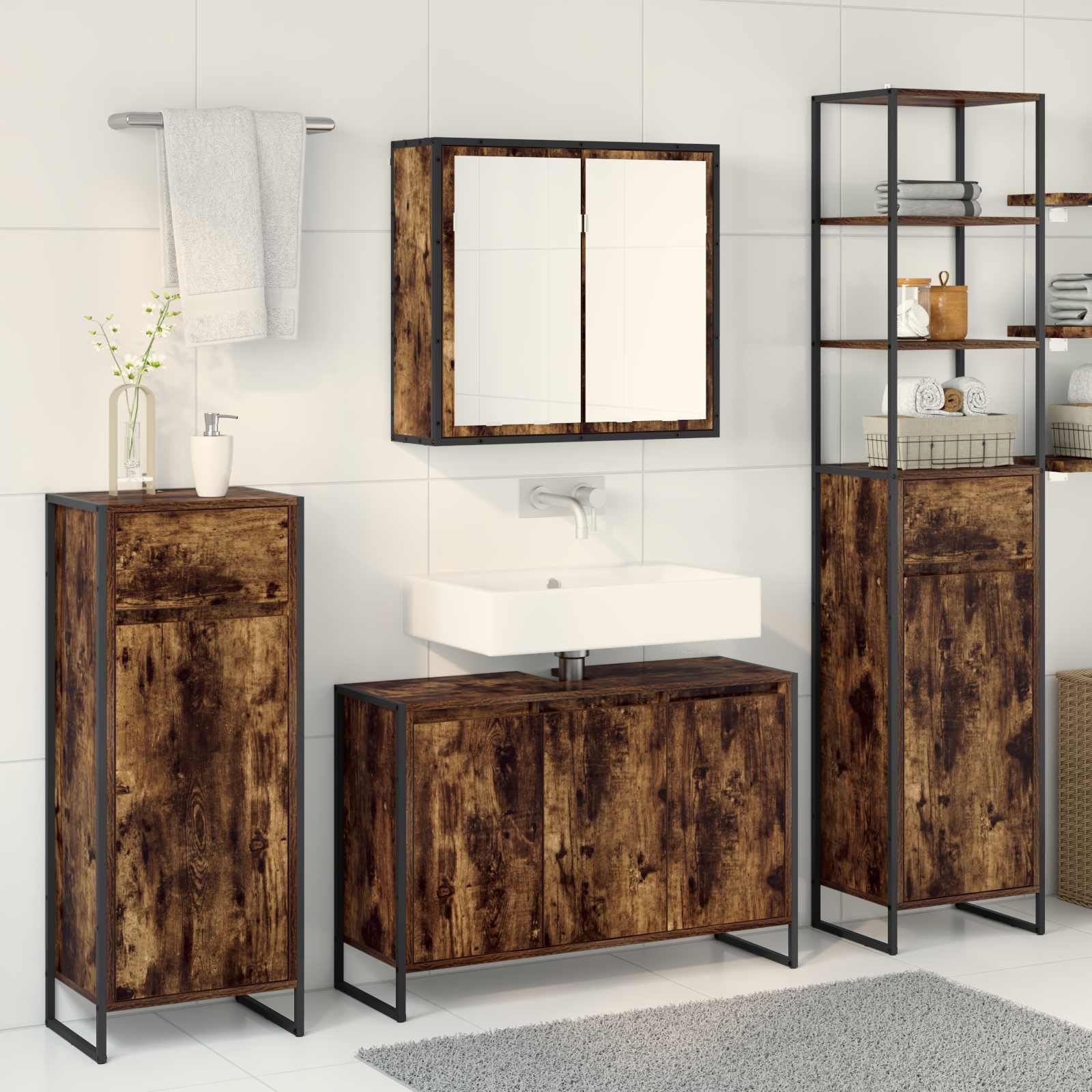 Badezimmermöbel-Set mit Tür Schwarz Eichen-Optik Holzwerkstoff