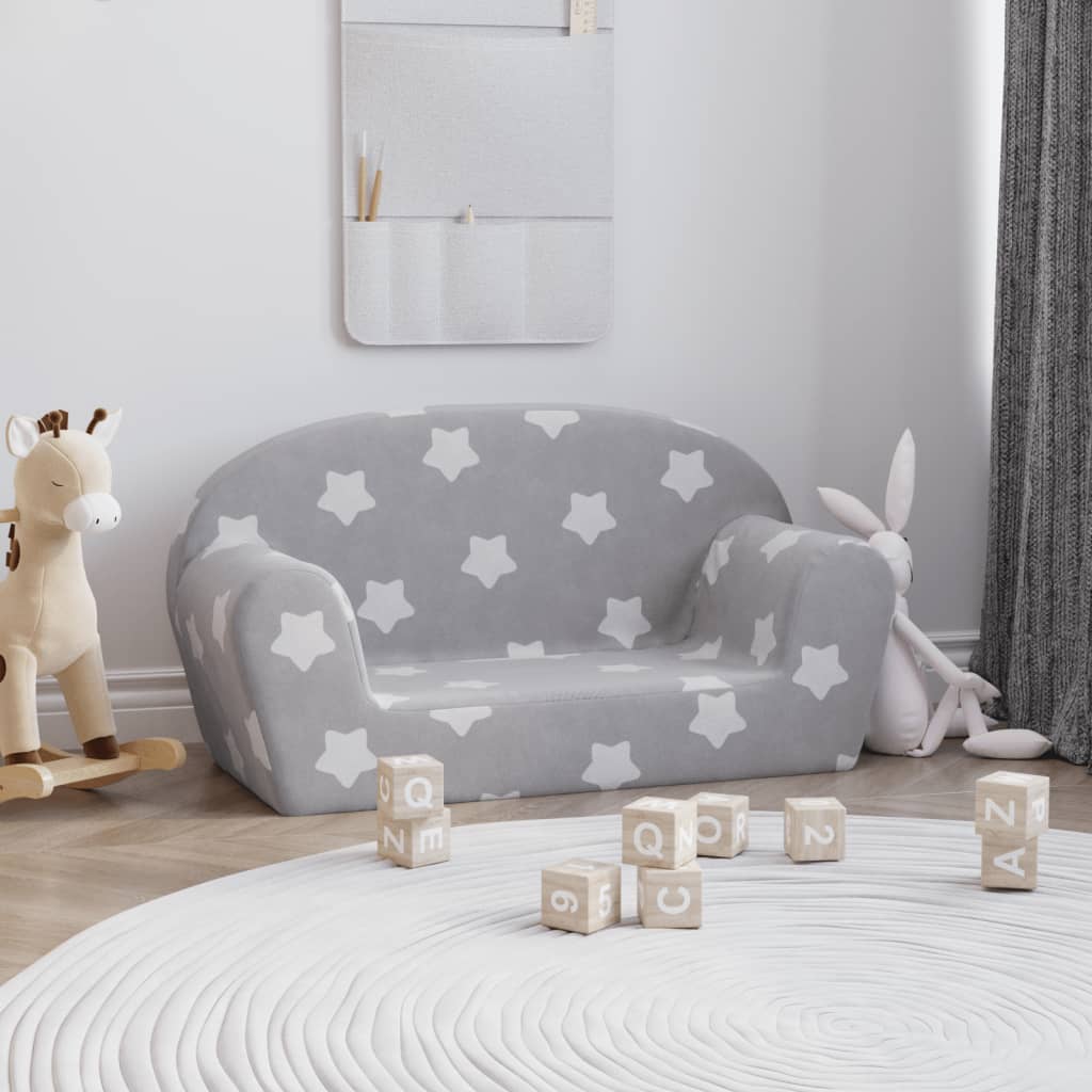 Kindersofa Hellgrau mit Sternen Weich Plüsch