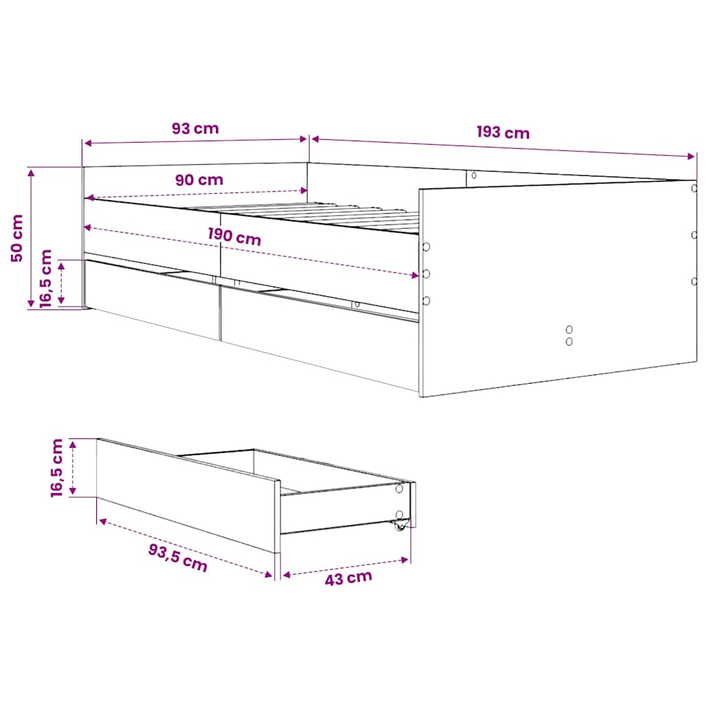 Bett mit Schubladen Braun Eiche-Optik 75x190 cm