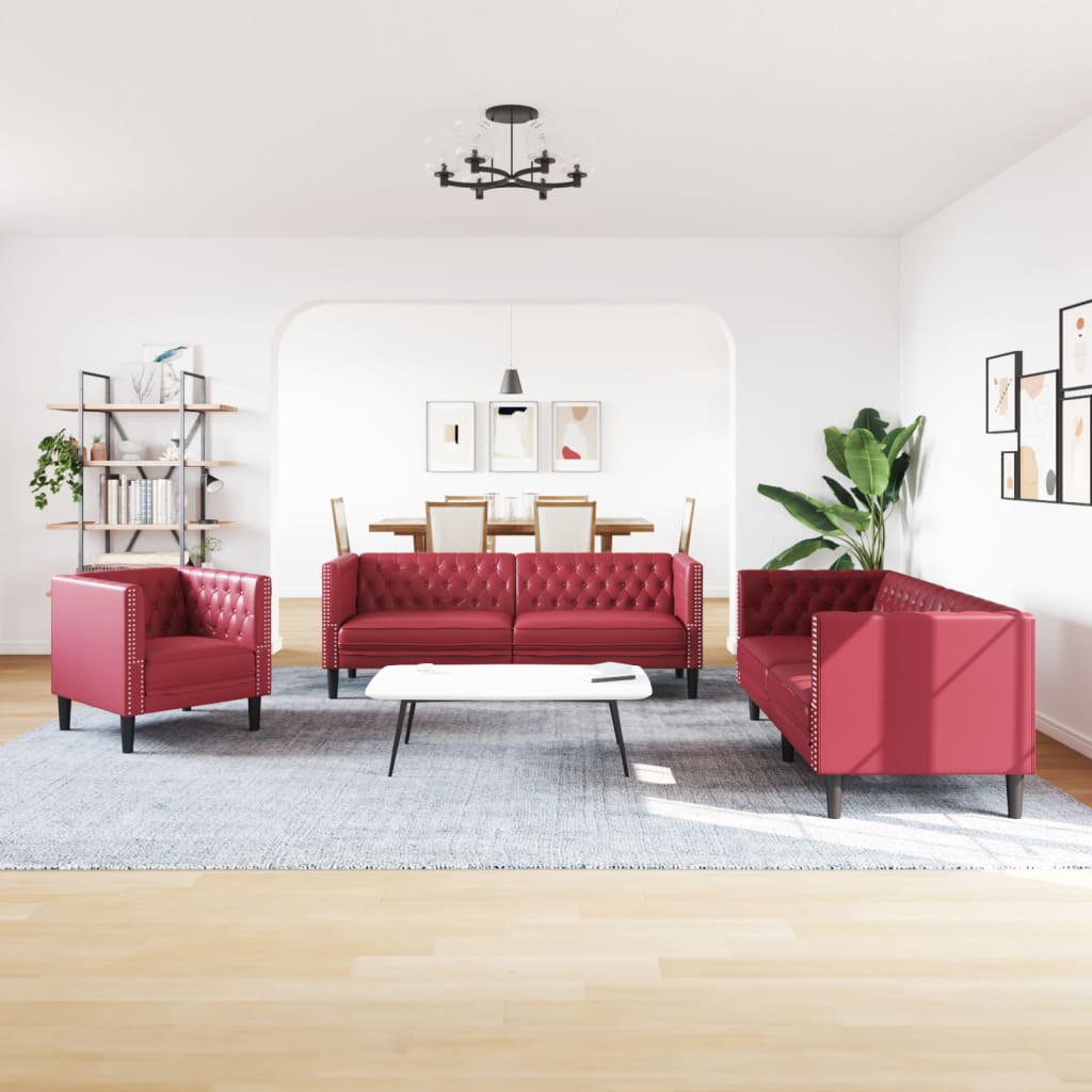 3-tlg. Chesterfield-Sofa-Set mit Nackenrollen Hellgrau Samt