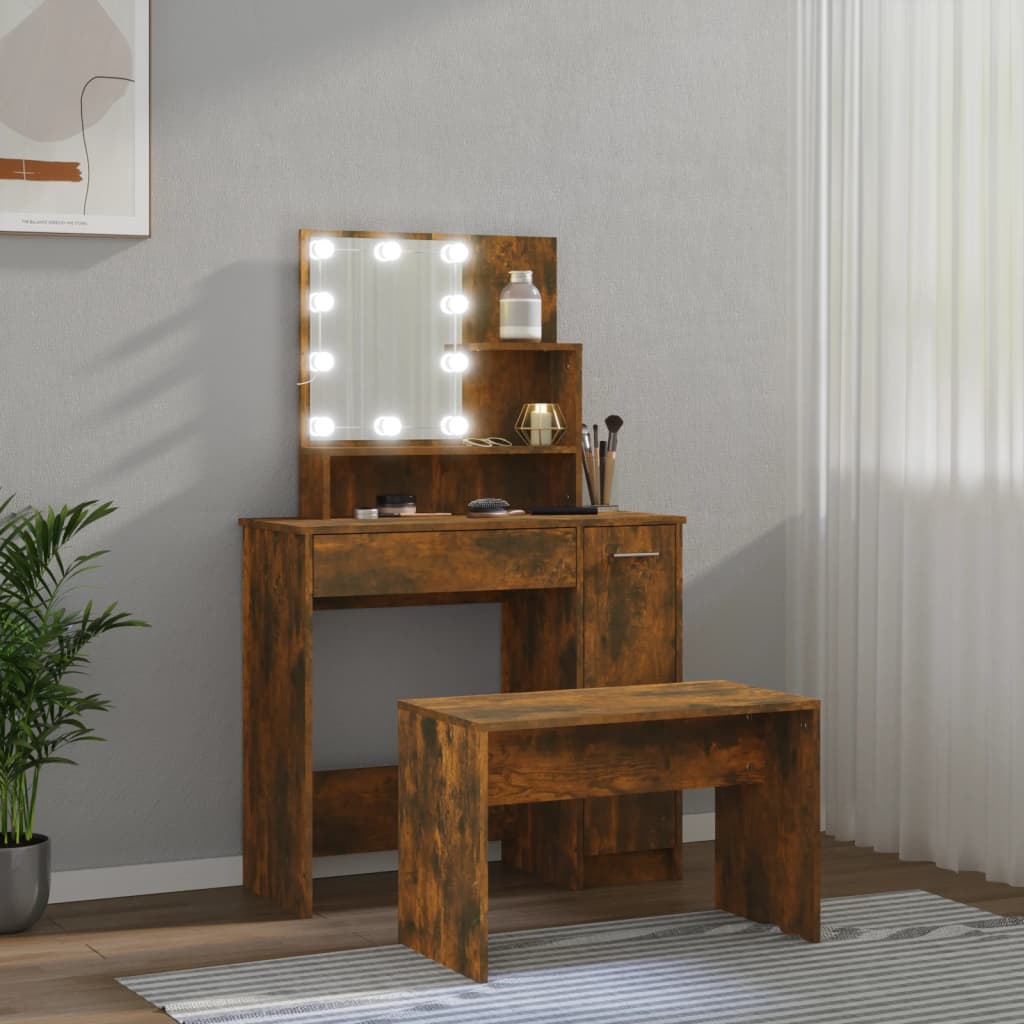 Schminktisch-Set mit LED Weiß Holzwerkstoff