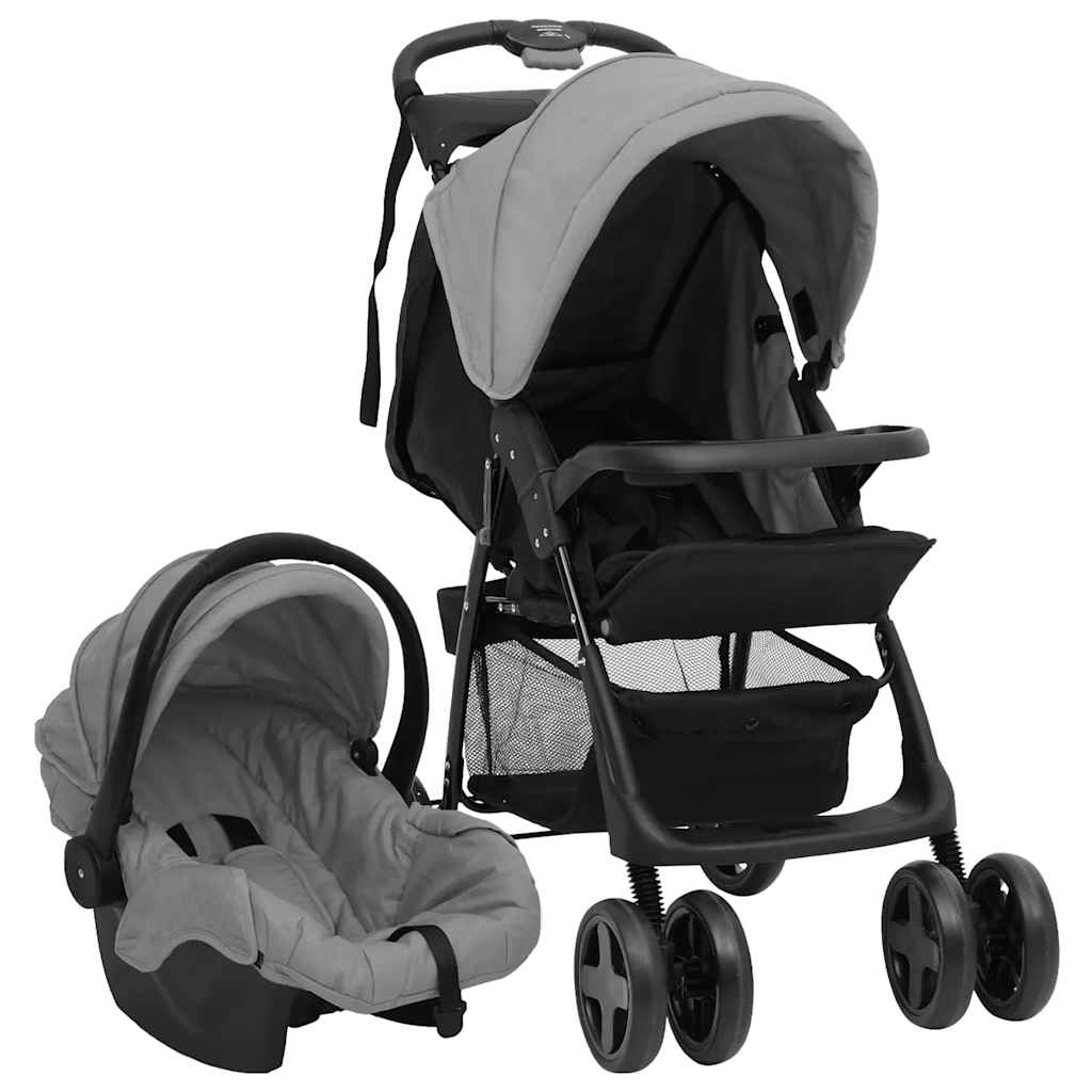 2-in-1 Kinderwagen Hellgrau und Schwarz Stahl